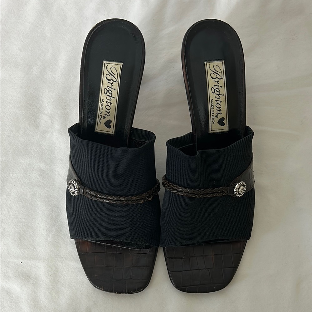 Brighton Women's Black Slide Sandals Size 7 Made in Italy 2” Heels Open Toe Shoe
